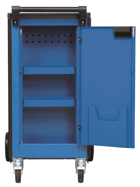 Mobile Tool Cart With Eight Deep Drawers Rock Solid Build Smooth Glide Casters Heavy Duty Workshop Organizer showing open blue cabinet with shelves.