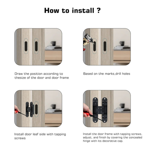 Installation steps for Matte Black Concealed Hinges Two Pack 180 Degree Adjustable Hidden Door Hinges For Secret Doors And Cabinets