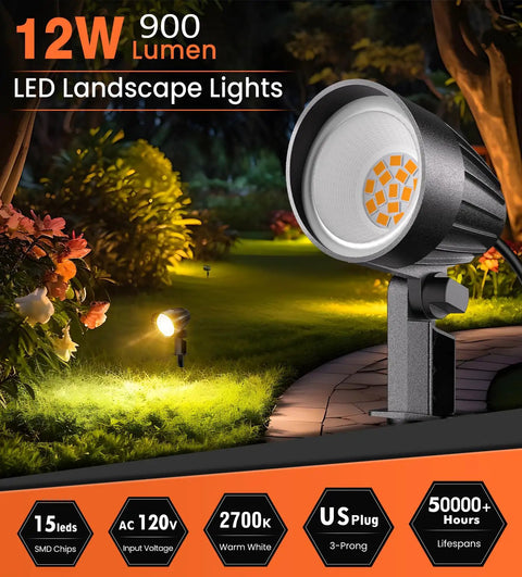 Brighten Outdoor Space With 12W Landscape Lighting 120V Warm White 2700K Garden Spotlights IP66 Waterproof with US Plug Two Pack