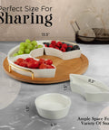 Chip and Dip Serving Set with 13.5 Inch Ceramic Platters and Trays displayed with fruit on a wooden lazy Susan base.