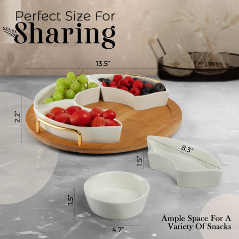 Chip and Dip Serving Set with 13.5 Inch Ceramic Platters and Trays displayed with fruit on a wooden lazy Susan base.