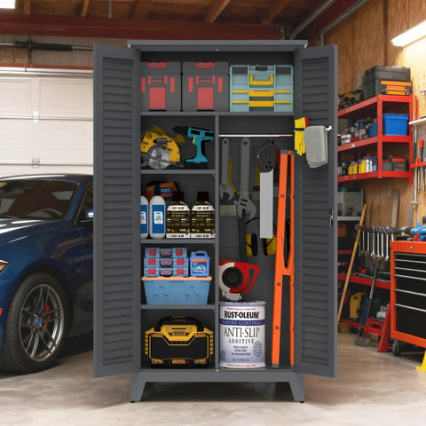 73 Inch Tall Metal Tool Storage Cabinet That Fires Up Your Shop With Roomy Garage Like Organization Space For Workshop Warehouse Garden Office Living Room And Utility Room Built Tough From Rust Resistant Steel With Adjustable Shelves Lockable shown open in garage