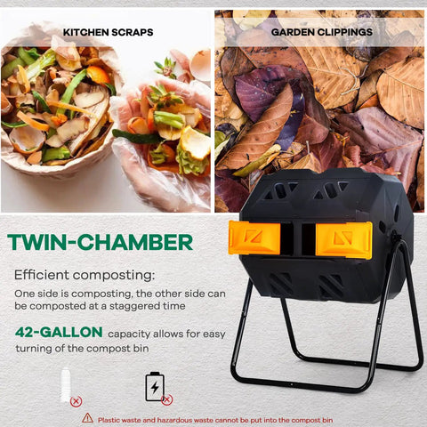 Dual Chamber 42 Gallon Outdoor Compost Tumbler Rotating Bin BPA Free For Garden Yard, Easy Turn, Eco Friendly