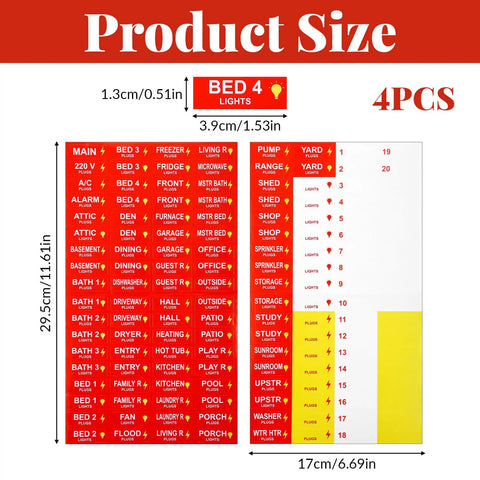 4 Sheets Electrical Panel Labels For Breaker Boxes And Panels, red and white, oil and water resistant, product size details shown
