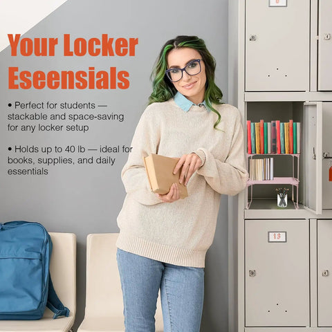 Heavy Duty Metal Mesh Organizer Shelf Stackable Locker Insert Fits Standard School Gym Lockers with student and supplies.