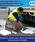 Worker using Oil Spill Response Kit with Portable Bucket OSHA Approved Includes 15 Absorbent Pads 2 Absorbent Socks 4 Disposal Bags And Nitrile Gloves for spill cleanup next to vehicle.