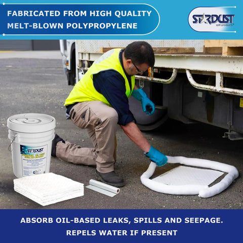 Worker using Oil Spill Response Kit with Portable Bucket OSHA Approved Includes 15 Absorbent Pads 2 Absorbent Socks 4 Disposal Bags And Nitrile Gloves for spill cleanup next to vehicle.