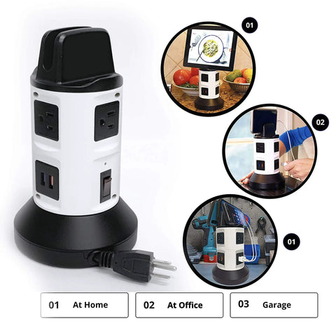 4 Outlet Power Strip With 6 USB Ports, 360 Degree Swivel, Surge Protector shown on desk, kitchen, and garage settings