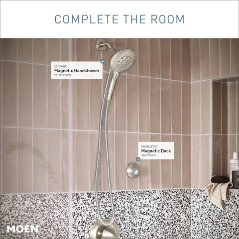 Spot Resistant Remote Dock For Magnetix Handheld Shower Head In Brushed Nickel Finish installed on tiled shower wall.
