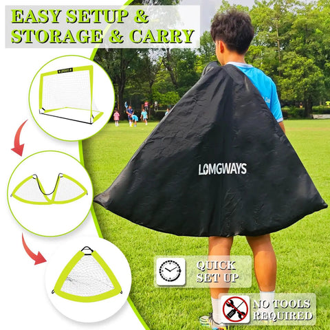 Child carrying Portable 4x3 Soccer Goal For Backyard With Pop Up Net Ground Stakes And Carry Bag Easy Setup For Backyard Court Or Field Kid And Youth Friendly Great For All Ages And Skill Levels
