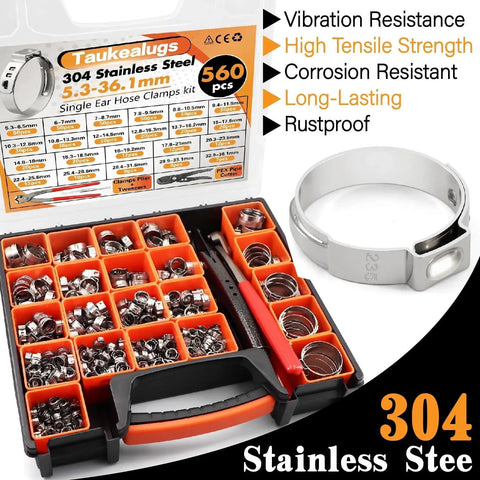 560 Piece Single Ear Hose Clamps Kit Pro Grade Stepless 22 Size From 5.3 mm To 36.1 mm 304 Stainless Steel Clamps With Pliers
