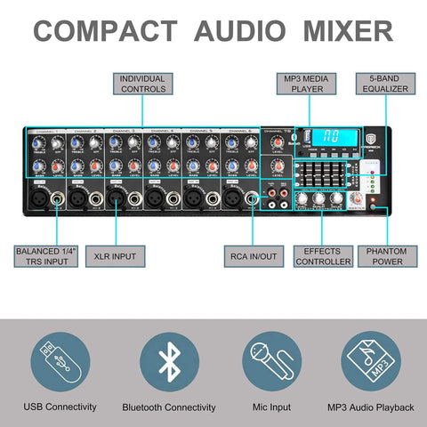 Compact audio mixer with controls and inputs for MX15 15 Inch 2500W Bluetooth Powered PA System With 8 Channel Mixer.