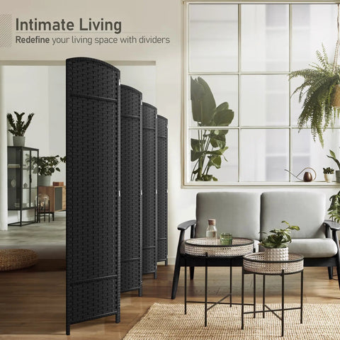 8 Panel Black Room Divider With Double Hinged Panels, 6 Ft Tall Folding Privacy Screen in home interior setup