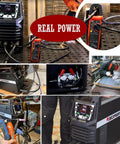 Collage of Six In One All Purpose Welder And Plasma Cutter Combo With Dual Voltage 110V 220V in workshop use