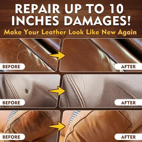 Before and after images showing repairs on leather using Leather Repair Kit For Furniture And Car Interiors Fix Scratches Tears Holes And Peeling On Couches Sofas Purses And Jackets With Quick Drying Adhesive And Easy To Follow Instructions For DIY Restoration