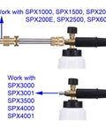 Foam Cannon For SPX Series Pressure Washers With Five Nozzle Tips And One Quarter Inch Quick Connector Includes Gun Adapter For Quick Easy Wash Day Power Compatible With SPX1000 SPX1500 SPX2000 SPX3000 And More, shown with connectors for SPX models.