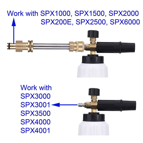 Foam Cannon For SPX Series Pressure Washers With Five Nozzle Tips And One Quarter Inch Quick Connector Includes Gun Adapter For Quick Easy Wash Day Power Compatible With SPX1000 SPX1500 SPX2000 SPX3000 And More, shown with connectors for SPX models.