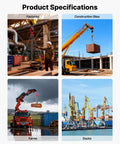 VEVOR chain sling with four-leg grab hooks shown in four industrial scenes: factory, construction crane, farm, and docks.