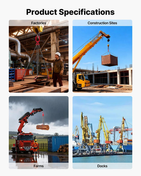 VEVOR chain sling with four-leg grab hooks shown in four industrial scenes: factory, construction crane, farm, and docks.