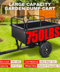 Black Beefy Heavy Duty Steel Dump Cart With 15 Cubic Feet Capacity, removable sides, displayed on grass with 750 lbs load label