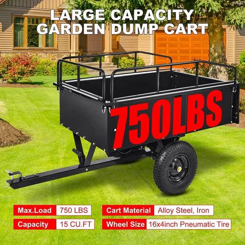 Black Beefy Heavy Duty Steel Dump Cart With 15 Cubic Feet Capacity, removable sides, displayed on grass with 750 lbs load label
