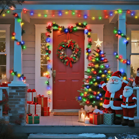 Front porch decorated with Outdoor Solar Cherry Blossom String Lights 2 Pack, multicolor on Christmas tree and Santa figures