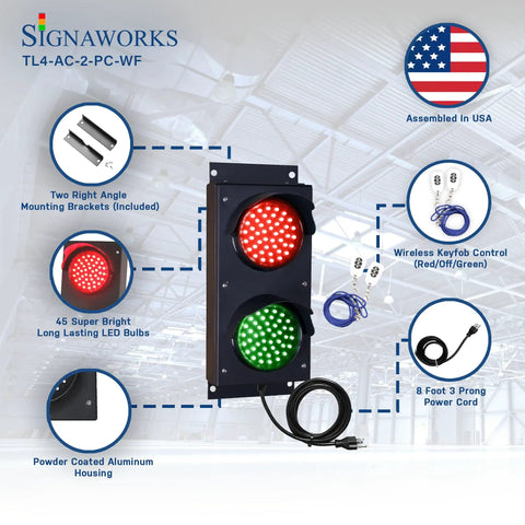 Industrial LED Traffic Stop Light With 4 Inch Lens Dual Red Green Color Dock Bay Indicator For Indoor Or Outdoor Use 12V DC Or 24V DC Power Required High Brightness 90 LEDs Per Section No Power Cord Or Controls Included, with components and features labeled such as keyfob control and power cord.