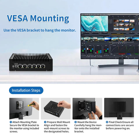 Silent Fanless Mini PC Powered By Core I3 8130U Processor With Six Rugged Network Ports for VESA mounting setup.