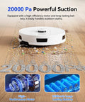 Robot Vacuum And Mop With Beast 20000 Pa Suction on hardwood floor with scattered debris, showcasing powerful suction.