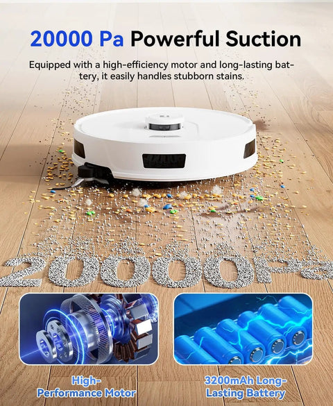 Robot Vacuum And Mop With Beast 20000 Pa Suction on hardwood floor with scattered debris, showcasing powerful suction.