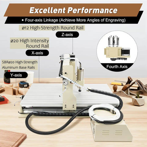 4 Axis Router Engraver USB CNC 6090 2.2KW Spindle Milling Drilling Machine, aluminum base, round rails, remote controller