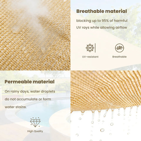 Close-up of sand-colored breathable fabric of Triangle Shade Sail 12x12x12 Feet UV Blocking Breathable Fabric With Fade Resistant Ropes Durable Outdoor Sun Shade For Patio Garden Deck Yard In Sand Color Easy Install And Weatherproof showing water and UV resistant properties with natural airflow.
