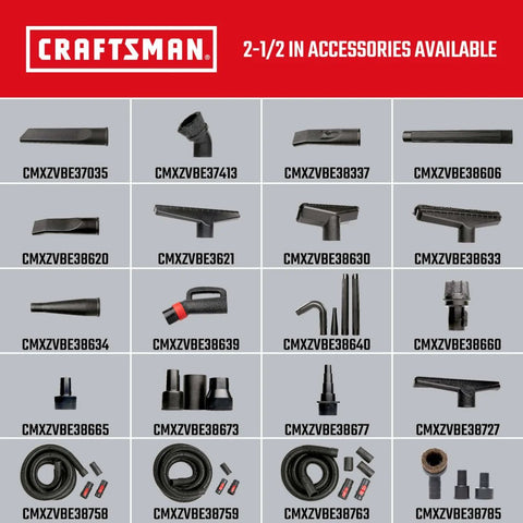 Craftsman 2-1/2 inch hose accessories with model numbers displayed in grid layout on a red background