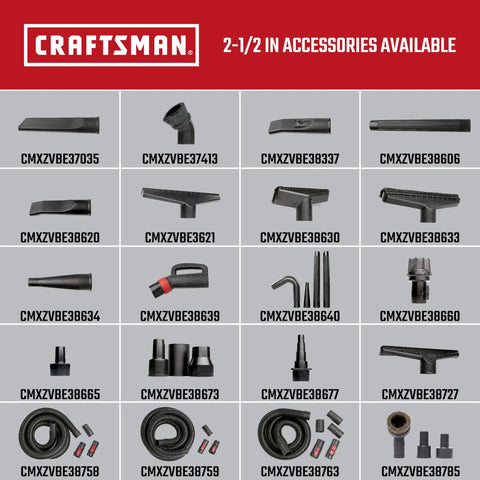 Array of 2-1/2 inch wet dry vac accessories including hoses, nozzles, and adapters; fits 2-1/2 inch hose diameter.