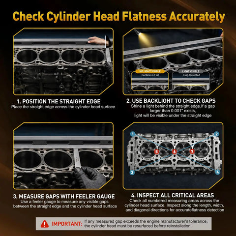 Pro Machinist Straight Edge And Feeler Gauge For Engine Block Inspection, Precision Ground To Plus Minus 0.001 Inches For Detecting Warpage, Flatness, And Surface Irregularities In Cylinder Heads And Flywheels. Cylinder head flatness check with steel straight edge and feeler gauge.