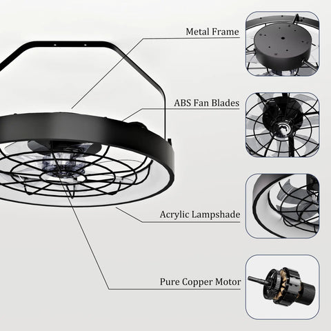 Diagram of 20 Inch Wall Mount Fan With Light And Dimmable 3CCT LED 6 Speeds Smart Remote And App Control, showing metal frame, ABS blades, acrylic lampshade, copper motor.