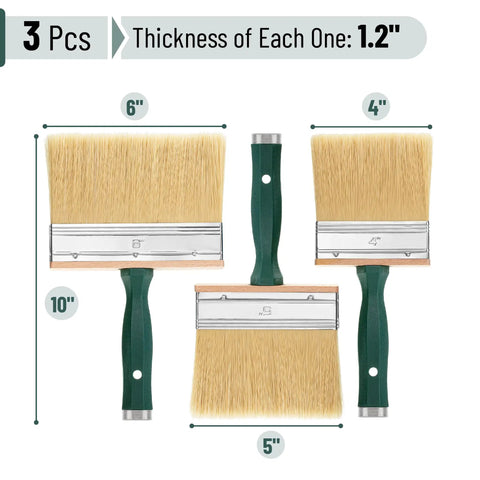 Deck Stain Brush Set 3 Pack With 4 Inch 5 Inch And 6 Inch Brushes for Big Decks and Wood Wall Jobs shown with dimensions