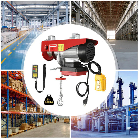 110V Electric Hoist Winch With Wireless Remote Lifts 880 Lbs shown in a warehouse setting with yellow remote control.