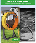 Before and after of yard with and without Heavy Duty Metal Garden Hose Holder And Hanger Freestanding Water Hose Storage Rack.