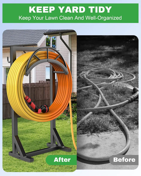 Before and after of yard with and without Heavy Duty Metal Garden Hose Holder And Hanger Freestanding Water Hose Storage Rack.