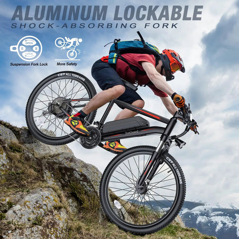 Cyclist riding 26 Inch Electric Mountain Bike With 350W Motor, 19.8 MPH Top Speed, front suspension, on rocky mountain trail