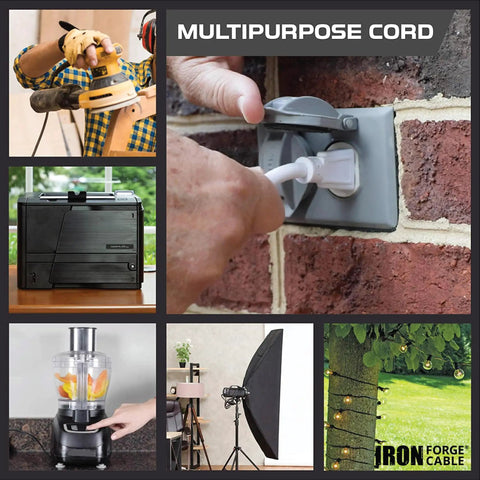 Montage of uses for Weatherproof 50 Ft Outdoor Extension Cord White 16 Gauge 3 Conductor SJTW Heavy Duty 3 Prong 13 Amp Exterior Power Cable
