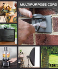 Collage of 100 Foot White Outdoor Extension Cord With 3 Outlets, Beefy Heavy Duty All Weather 16/3 SJTW Power Cable in use scenarios.