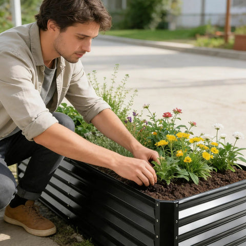 Man planting flowers in Raised Garden Bed Kit 6x3x1 Ft Metal Planter Boxes Outdoor With No Fuss Easy Assembly For Vegetables Fruits Flowers And Herbs Large Rectangle Garden Bed In Dark Gray Durable Galvanized Steel Construction.