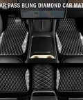 Premium Bling Diamond Leather Car Mats With Sparkly Rhinestone Edges Anti Slip waterproof set shown in a car interior.