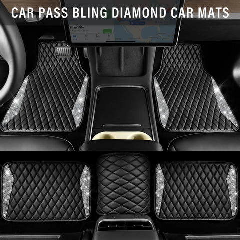 Premium Bling Diamond Leather Car Mats With Sparkly Rhinestone Edges Anti Slip waterproof set shown in a car interior.