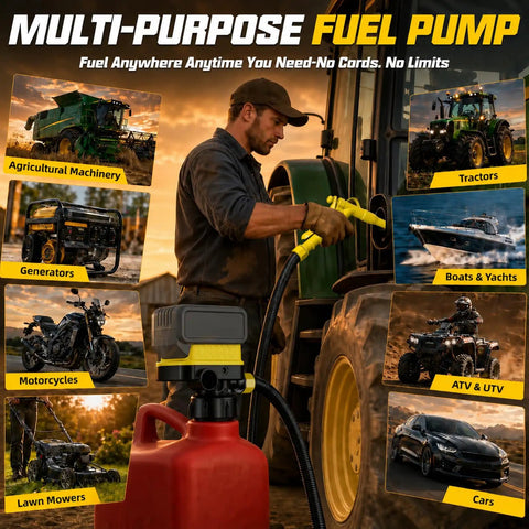 Cordless 5 GPM Fuel Transfer Pump For Gasoline Diesel Oil Battery Powered Gas Can Pump With 51 Inch Hose And 5 Adapters Works With 20V/18V Batteries Bare Tool, man fueling tractor