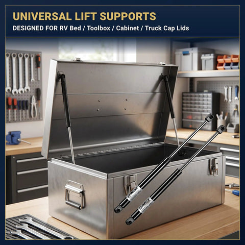 Open toolbox with universal lift supports, Beefy Heavy Duty 12 Inch 30 Lb Gas Strut Lift Supports For Camper Shell And RV Tool Box Set Of 2