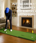 Man practicing golf on Outdoor Putting Green Mat For Home Golf Practice 3x12 Pro-Grade Roll, Realistic Turf Feel On Durable XPE Base.