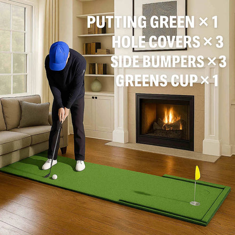Man practicing golf on Outdoor Putting Green Mat For Home Golf Practice 3x12 Pro-Grade Roll, Realistic Turf Feel On Durable XPE Base.